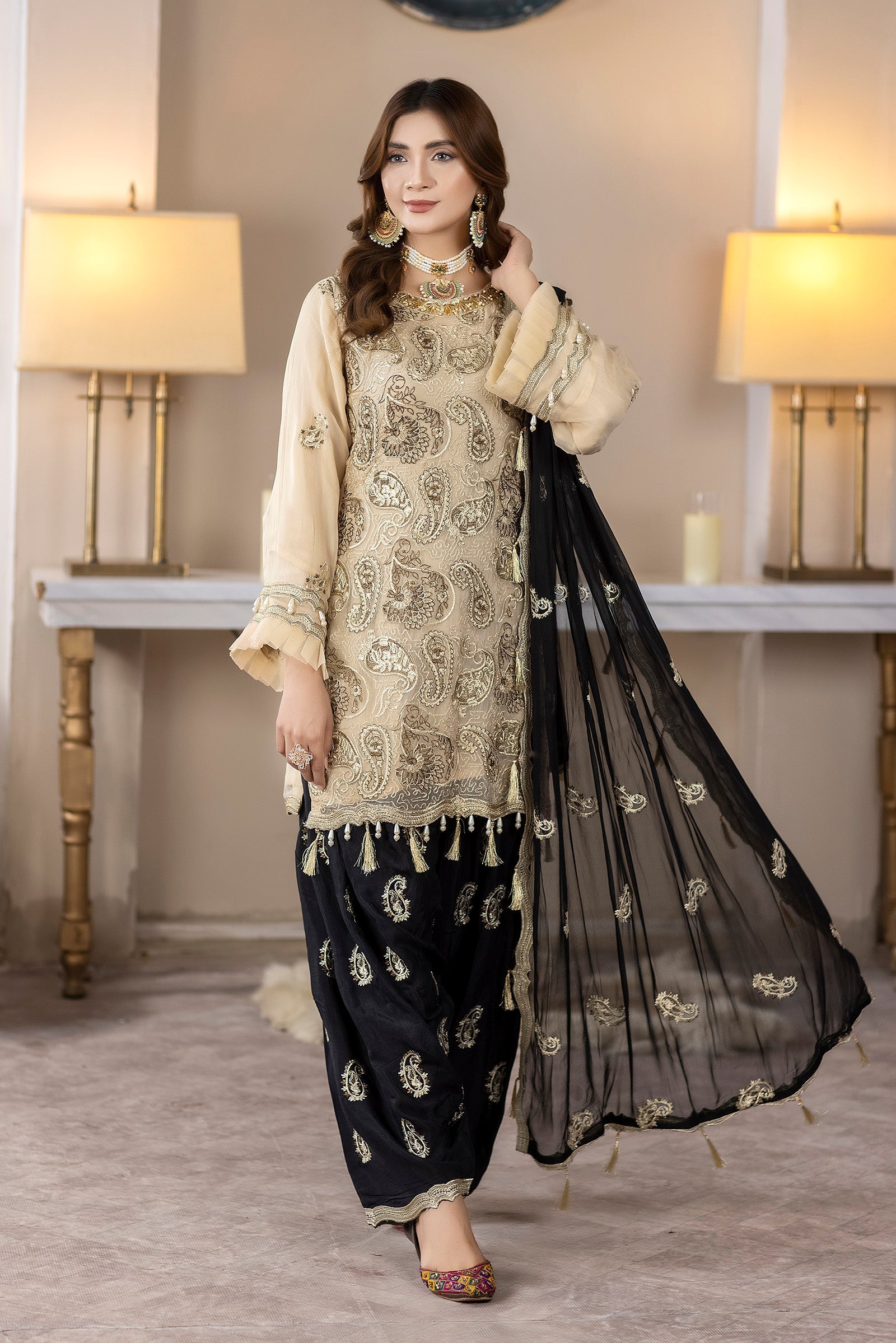 golden kurta & black Patiala shalwar