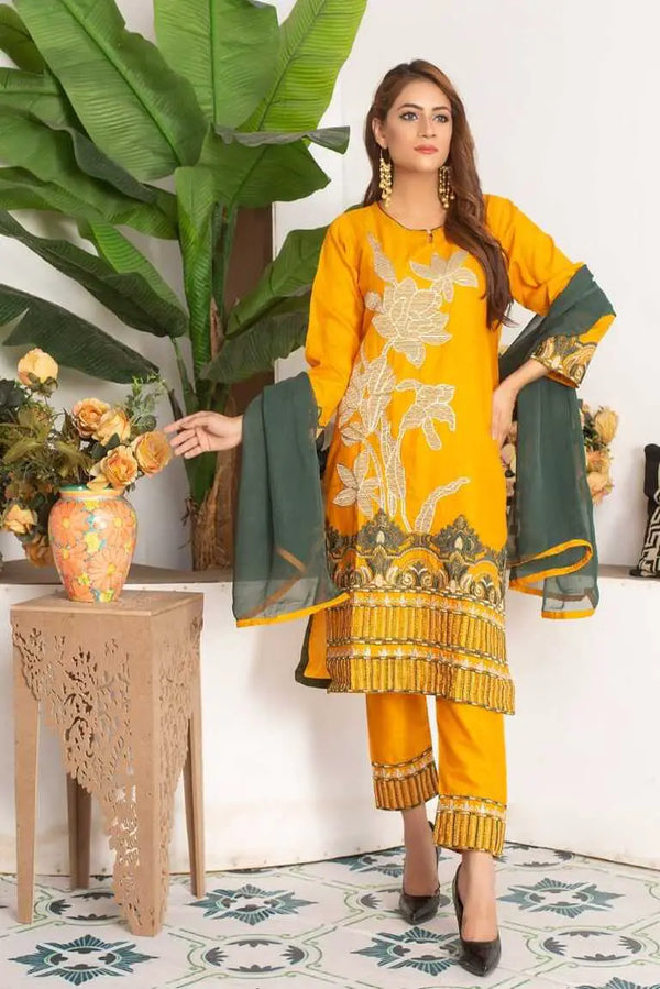 Rang Jah Embroidered Jacquard Yellow Suit-RJ61